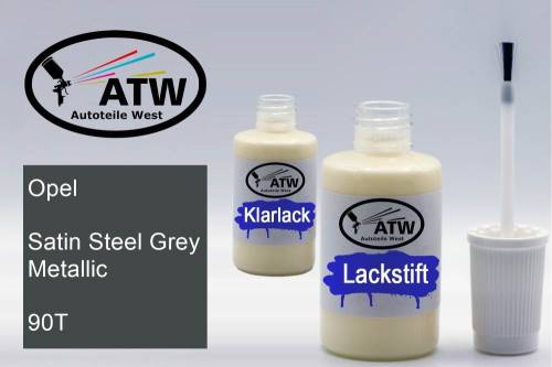 Opel, Satin Steel Grey Metallic, 90T: 20ml Lackstift + 20ml Klarlack - Set, von ATW Autoteile West.